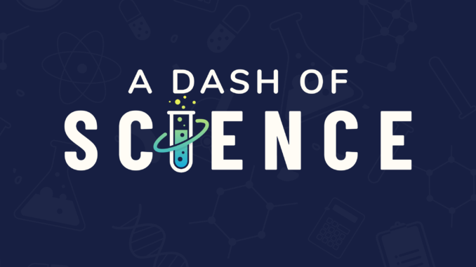 The Dash of Science Podcast logo: 5 small icons at the top consisting of a microscope, DNA strand, Magnet, Atom, and beaker. Under which are the words "Live. Learn. Build" in small font. The words "A Dash of Science" are written in the center in large font, with the "I" in science being represented by a test tube with bubbles coming out of it, and the word "Podcast" written at the bottom. The backgrouns is blue with light science symbols repeating, the main text is white, and a color scheme of yellow fading into blue, and solid white.
